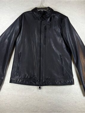 AllSaints Men’s Lark Black Leather Jacket Zip Up Zipper Sleeves Size Medium